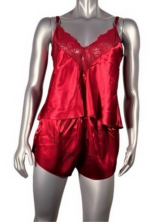 The Blind Medium Other - Red Satin Pajama Set with Lace Trim Adjustable Strap Top & Shorts